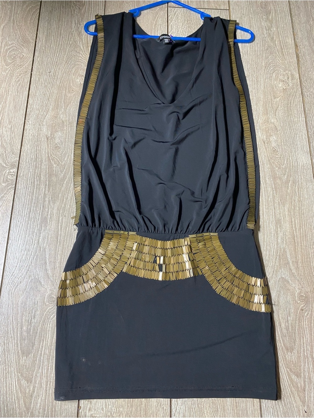Bebe Black Drop Waist Jersey Mini Dress with Gold Sequin Accents XXS